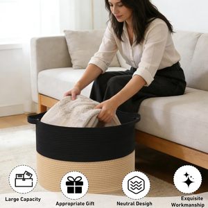 65L <b>Large</b> Woven Cotton Rope Nursery Basket, Laundry Basket Laundry Hamper with Handles,Blanket Basket Storage <b>Bin</b> - Product Image 1