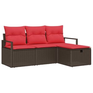 Ensemble de canapés de jardin en polyrotin marron et rouge, 4 pièces, avec coussins manuels - Product Image 2