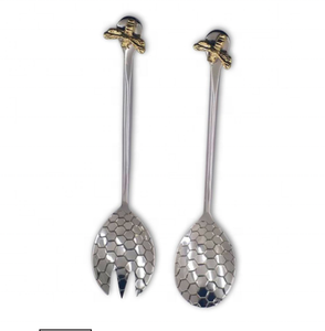 Customised Metal Bee Salad Servers Small Gold Bee Motif Embossed Hexagonal Honeycomb Fork Spoon <b>tabletop</b> direct from factory - Product Image 1