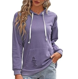 Distress Plus Size <b>Thick</b> <b>Fleece</b> Sweatshirts Purple Color Washed Vintage Breathable Hoodies For Girls Knitted Drawstring Distress - Product Image 2