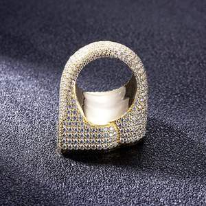 <b>Gold</b> Plated Letter R <b>Cocktail</b> <b>Ring</b> With Micro Pave Cubic Zirconia Emerald Cut Stones Mens Hiphop Party Jewelry Available at sale - Product Image 3