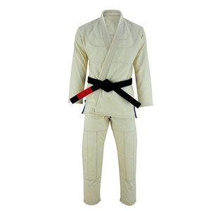 Tenue d'arts martiaux respirante blanche avec ceinture noire et pointe rouge, coutures renforcées, uniforme de BJJ - Product Image 1