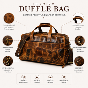 Sac de voyage vintage en cuir marron pour homme |   Week-end de voyage haut de gamme |   Sac de voyage spacieux avec bandoulière et poignées - Product Image 5