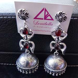 Fashion Dangle <b>Earrings</b> German Silver Long Jumkha with Red Stone Embellishment - Product Image 1