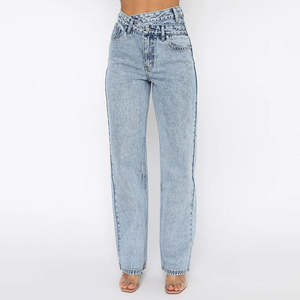 Jean cargo droit taille haute pour femme, coupe large, vintage, brodé, en denim polyester-coton, écologique et respirant - Product Image 4