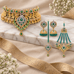 Ensemble de bijoux de mariée vert (collier ras-du-cou, jhumka, tikka, pasa) pour la vente en gros et la fabrication en vrac - Product Image 6