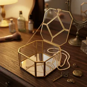 Modern Jewelry <b>Box</b> with <b>Mirror</b> Lid brass Metal Storage Organizer for dressing vanity jewellery storage Decorative <b>box</b> - Product Image 1