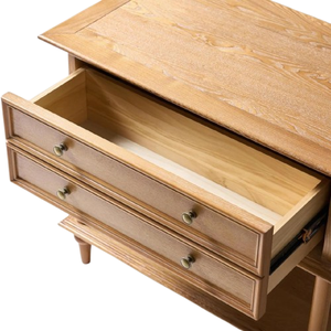 Mesita de noche hecha de madera de caoba de alta calidad con acabado natural y 2 cajones para uso en dormitorio. - Product Image 3