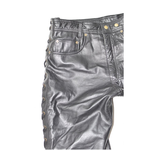 Pantalon de moto pour homme en PU noir, taille haute, coupe droite, fermeture à lacets, décoration à rivets, vêtements d'hiver - Product Image 5