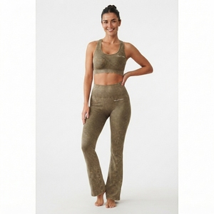 <b>Women</b> Olive Green Acid Wash Yoga Set Sports Bra High Waist <b>Flare</b> <b>Leggings</b> Gym Fitness Workout Activewear - Product Image 4
