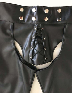 Men's Black PU Coated Bermuda Shorts High Waist Button Fly Geometric Pattern Moto Biker Style With Pockets - Product Image 3