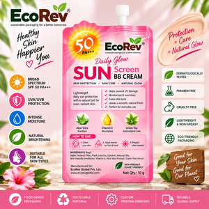 Crème solaire BB EcoRev SPF 50 PA+++ pour le visage et le corps, légère, non grasse, emballage en sachet recyclable laminé ECO36 - Product Image 5