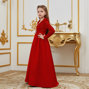Robe rouge personnalisée pour fille d'honneur, en velours, avec broderie de fleurs à paillettes, manches longues, col en V, robes de princesse pour enfants, vêtements formels de luxe pour enfants - Product Image 1