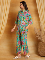 Ensemble deux pièces en coton imprimé bohème pour femmes, tunique longue et pantalon avec col mandarin, manches trois quarts, coupe ample, printemps été