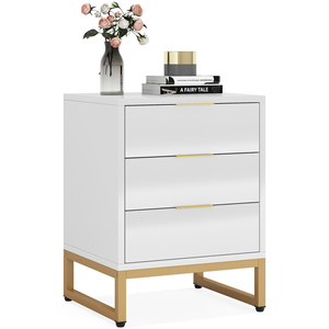 Tables <span class=keywords><strong>de</strong></span> <span class=keywords><strong>chevet</strong></span> et tables <span class=keywords><strong>de</strong></span> nuit modernes blanches avec cadre en métal doré, design minimaliste, dessus en bois à 3 tiroirs, rangement pour appartement et chambre - Product Image 6