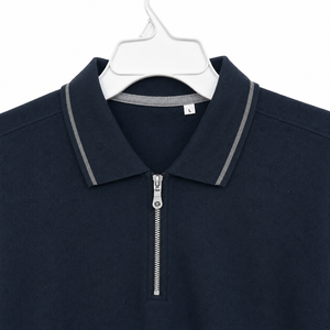 Pull décontracté classique pour homme à col zippé, tricoté avec bordures contrastées sur le col et les poignets, manches courtes, qualité supérieure pour usage quotidien, personnalisable OEM/ODM - Product Image 5