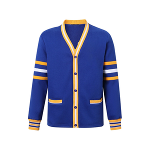 Oakwood Blue & <b>White</b> Fleece Thick Winter Varsity <b>Cardigan</b> Sweater V Neck Button Knit Ribbed Cuffs Unisex Retro Streetwear - Product Image 1