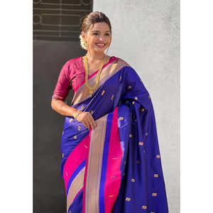 Sari en soie Paithani violet avec bordure en satin Muniya, élégant foulard traditionnel indien - Product Image 2