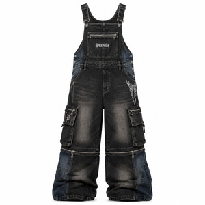 Zipper Pocket Cargo Overalls Two Tone Washed <b>Dungarees</b> Unisex <b>Loose</b> <b>Fit</b> Cyber Y2K Streetwear Apparel Manufacturer - Product Image 2