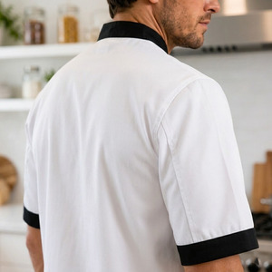 Custom Chef Coat Short Sleeve Mandarin Collar Breathable Stretch TR Spandex <b>Kitchen</b> Uniform with Logo - Product Image 3