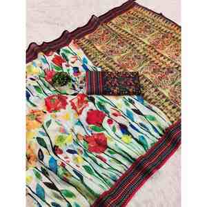 ATRACTIVO LINO IMPRESIÓN DIGITAL TRABAJO SAREE CON BLUSA SIN COSTAR MARRÓN - Product Image 1