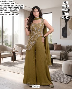 Traje Salwar de Seda Gris Bordado con Cuentas, Largo hasta el Suelo, Conjunto Tradicional de Fiesta para Mujer, Dupatta Bhandhani de Secado Rápido - Product Image 3