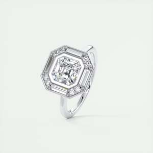 Anillo de compromiso con halo oculto y halo decorativo de diamantes cultivados en laboratorio de corte Asscher de 2.76 quilates con piedras laterales redondas y en forma de baguette. - Product Image 2