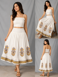 Heritage <b>White</b> Garment Women Vintage Rose Print Tiered <b>Maxi</b> Bottom Smocked High Waistband Gathered Ruffle Layered Outwear - Product Image 2