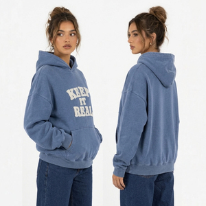 Sudadera con capucha de hombros caídos para mujer, estilo vintage lavado, de manga larga, forro polar de invierno, bordada, tipo jersey - Product Image 4