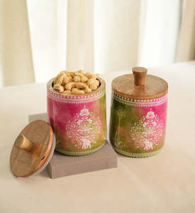 Pot de rangement en bois fait main avec couvercle en bois, motif floral rose et vert, style bohème, idéal pour offrir - Product Image 3