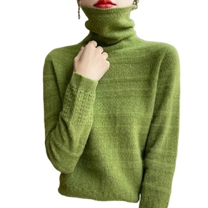 Pull en tricot de laine d'hiver pour femmes hauts décontractés avec bord à friser col roulé conception de vague pull de couleur unie pour le printemps automne - Product Image 4