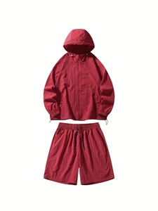 Conjunto de Chaqueta con Capucha y Pantalones Cortos Rojos para Hombre, Ropa Casual de Verano de Secado Rápido, Tejido de Punto, Color Sólido, Dos Piezas - Product Image 1