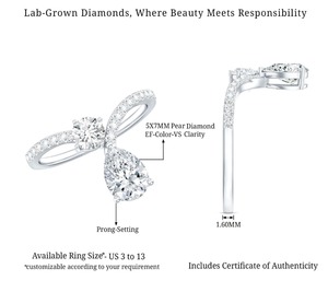 Anillo de Dos Piedras con Diamantes Cultivados en Laboratorio, Corte Redondo y Pera 5x7MM, EF VS CVD, Banda Pavé con Engaste de Garras, Toi et Moi, Talla Personalizada, Venta al por Mayor - Product Image 1