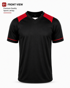 เสื้อฟุตบอลคอวี แขนสั้น พรีเมียม ยูนิเซ็กซ์ สีดำแดง ตัดต่อสี ระบายเหงื่อได้ดี ผลิตจากโพลีเอสเตอร์ 100% ทรงหลวม สวมใส่สบาย เหมาะสำหรับฤดูใบไม้ผลิ - Product Image 1