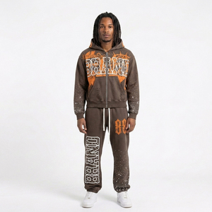 Conjunto de Sudadera con Capucha y Pantalones Deportivos Unisex de Moda Urbana con Cremallera Completa y Estampado de Diamantes de Imitación para Otoño, Ropa Deportiva para Adultos - Product Image 4
