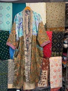 Robe kimono pour femme en soie 100% patchwork, col en V, cordon de serrage, manches trois-quarts, longueur intégrale, respirante, douce, style décontracté - Product Image 2