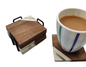 แผ่นรองแก้วไม้สี่เหลี่ยมทำมือ ดีไซน์หรูหรา ไม้และหินอ่อน พร้อมฐานโลหะสีดำ ชุดเสิร์ฟ 6 ชิ้น - Product Image 2