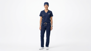 Unisex Navy Blue 100% Cotton <b>Scrub</b> Set Knitted Fabric Professional Hospital Use <b>Scrub</b> <b>Top</b> Featuring V-neck Practical Pockets - Product Image 1