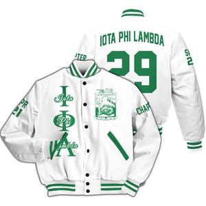 Chaqueta Universitaria Personalizada Iota Phi Lambda para Mujer, Chaqueta Bomber con Letras Blancas, Escudo, Número y Año de la Hermandad - Product Image 3