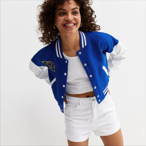 <b>Womens</b> Royal Blue Genuine Leather Breathable Varsity <b>Jacket</b> <b>White</b> Sleeves Embroidered Patch Rib Collar Cuffs Winter - Product Image 1