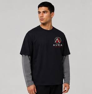 Camiseta de manga larga personalizada de algodón negro 100% de alto gramaje para hombre, estilo urbano, estampada, transpirable, estilo primavera - Product Image 2