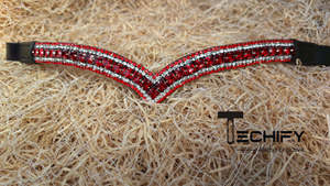 Fronture de luxe en cuir en forme de V avec cristaux rouges et strass faits main pour bride de cheval, équipement d'équitation et de concours - Product Image 3