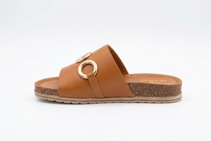 Sandales plates en cuir véritable marron à bout ouvert avec boucle à anneau doré, antidérapantes, avec coussin d'air, chaussures confortables et tendance pour l'été - Product Image 3