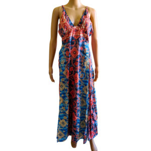 Robe longue décontractée Y2K style bohème en soie, imprimé floral, col en V, sans manches, taille unique, coupe trapèze, avec fente haute, idéale pour l'été coréen - Product Image 1