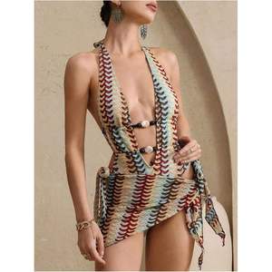 Maillot de bain une pièce personnalisé pour femme, col en V profond, dos nu, crocheté, rayé, avec cordon de serrage, design ajouré, extensible - Product Image 5