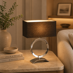 Orbit Ring Metal Table <b>Lamp</b> with Black Rectangle Shade Polished Finish Sculptural Base Elegant Accent Lighting - Product Image 1