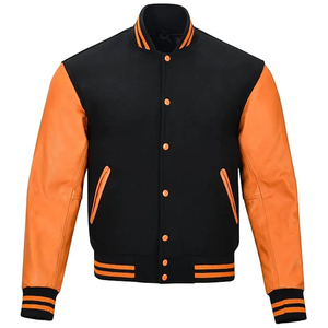 <b>Men's</b> Black Orange Varsity <b>Jacket</b> PU Leather Sleeve Casual <b>Baseball</b> Coat Turn-down Collar Button Closure Autumn Wear - Product Image 1