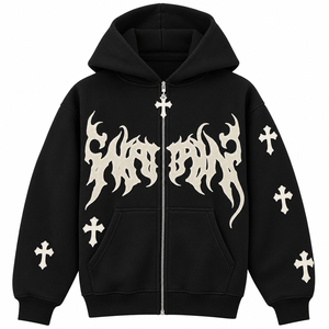 Men's Black <b>Graphic</b> <b>Zip</b> <b>Up</b> <b>Hoodie</b> Cross Print Oversized Gothic Streetwear Fleece Sweatshirt - Product Image 1
