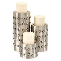 Support de bougie de Noël en métal argenté brossé de style steampunk moderne, écologique, avec détails cloutés, support décoratif pour bougie pilier
