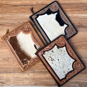 Multifunction Folder for Business Men & Women Zippered Hand <b>Tooled</b> <b>Leather</b> Portfolio With 3 Rings Folder Cowhide Binder Padfolio - Product Image 4